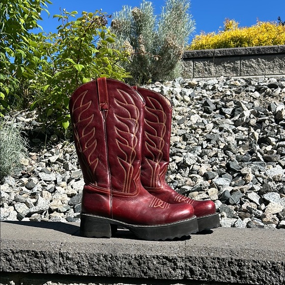 John Fluevog Shoes - John Fluevog Vintage Leather Red/ Burgundy Heeled Cowboy Boots